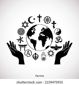 	
World Religious Symbols with Open Hands and Earth Globe Silhouette - Shutterstock ID 2159475955