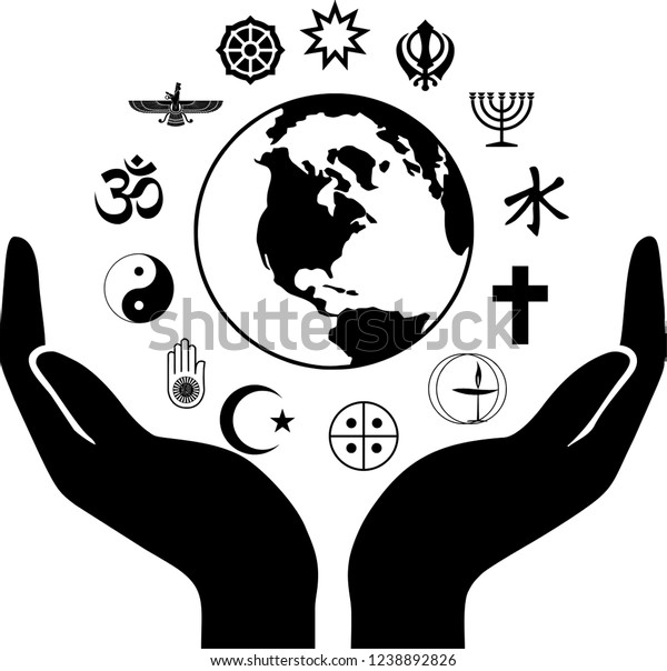 World Religious Symbols with Open Hands and\
Earth Globe Silhouette