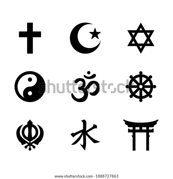 World religious symbols, Signs of major religious\
groups, and religious. Christianity, Islam, Judaism, Hinduism,\
Buddhism, Taoism, Shinto, Sikhism, and Confucianism isolated on\
white background 