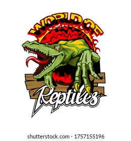 World of reptiles logo with a dangerous lizard in the center.