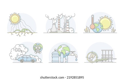 World Resources with Carbon Oxide, Sun and Water as Renewable Natural Source Line Vector Set