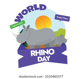 Día Mundial del Rinoceronte, 22 de septiembre Anuncio de celebración, post. Anuncio de día de rinoceronte con dos rinocerontes grises con cuernos. Anuncio de sensibilización para proteger la especie de rinoceronte. 