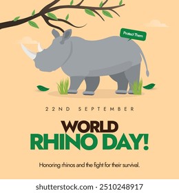 Anuncio de celebración del Día Mundial del Rinoceronte, fondo, post. 22 de septiembre Anuncio de celebración del día del rinoceronte con rinoceronte de cuernos grises. El día sensibiliza a las cinco especies de rinocerontes, destaca el esfuerzo