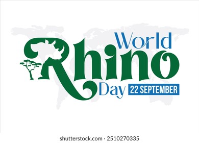 Día Mundial del Rinoceronte Septiembre 22, Póster, Anuncio, impresión para defensores del rinoceronte, cabeza de rinoceronte dentro de la letra R con elemento de árbol