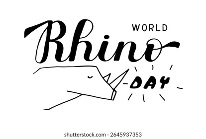 Banner de texto do Dia Mundial do Rinoceronte. Frase manuscrita. Letras caligráficas desenhadas à mão. Script criado à mão. Citação para poster inspirador, postagem de mídia social, projeto. Palavras elegantes e artísticas