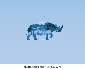 World Rhino Day. The theme of environmental protection with the words Save the planet. Abstract poster in the form of a Rhino with silhouettes of trees. Eco Poster and World Wildlife Concept.