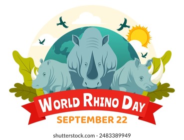 World Rhino Day Vector Illustration on September 22 for Rhinos Lovers and Defenders or Animal Protection Advocates in a Flat Cartoon Background