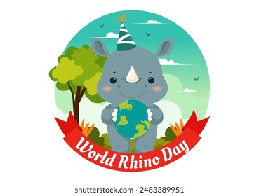 World Rhino Day Vector Illustration on September 22 for Rhinos Lovers and Defenders or Animal Protection Advocates in a Flat Cartoon Background