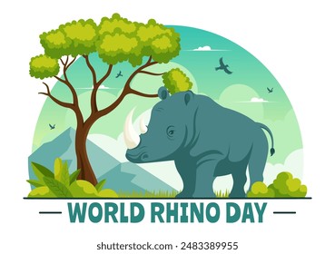 World Rhino Day Vector Illustration on September 22 for Rhinos Lovers and Defenders or Animal Protection Advocates in a Flat Cartoon Background