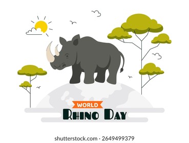 Ilustração vetorial do Dia Mundial do Rinoceronte em 22 de setembro para Amantes do Rinoceronte e Defensores da Proteção Animal em um Plano de Fundo de Desenho Animado de Estilo Plano