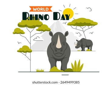 Ilustração vetorial do Dia Mundial do Rinoceronte em 22 de setembro para Amantes do Rinoceronte e Defensores da Proteção Animal em um Plano de Fundo de Desenho Animado de Estilo Plano
