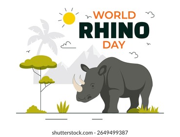 Ilustração vetorial do Dia Mundial do Rinoceronte em 22 de setembro para Amantes do Rinoceronte e Defensores da Proteção Animal em um Plano de Fundo de Desenho Animado de Estilo Plano