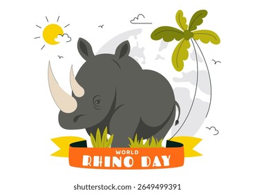 Ilustração vetorial do Dia Mundial do Rinoceronte em 22 de setembro para Amantes do Rinoceronte e Defensores da Proteção Animal em um Plano de Fundo de Desenho Animado de Estilo Plano
