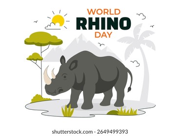 Ilustração vetorial do Dia Mundial do Rinoceronte em 22 de setembro para Amantes do Rinoceronte e Defensores da Proteção Animal em um Plano de Fundo de Desenho Animado de Estilo Plano