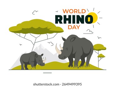 Ilustração vetorial do Dia Mundial do Rinoceronte em 22 de setembro para Amantes do Rinoceronte e Defensores da Proteção Animal em um Plano de Fundo de Desenho Animado de Estilo Plano