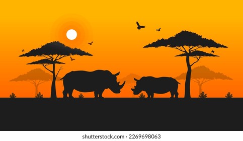 World rhino day, Wild animals and Nature silhouette, Grassland safari, Environmental conservation, National park, Sustainable of Ecology concept, Think green nature, Save the planet and the wildlife.