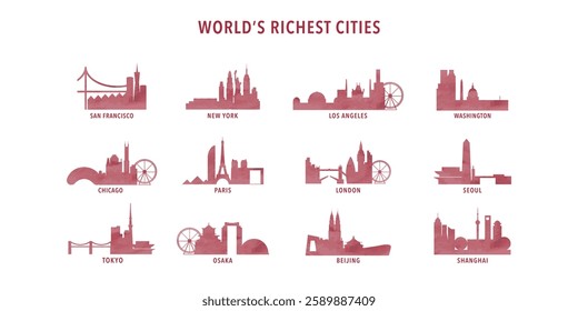 World richest cities watercolor logos, icons pack with skylines of Tokyo, New York, Los Angeles, London, Seoul, Paris, Chicago, Osaka, Beijing, Shanghai