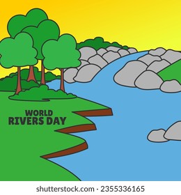 World Rivers Day vector illustration background. illustration of a river with rocks and trees