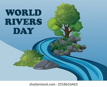 World Rivers day. Vector illustration design with a beautiful river flowing view. 22 September. The day raise awareness about rivers and to encourage their conservation protection of waterways.