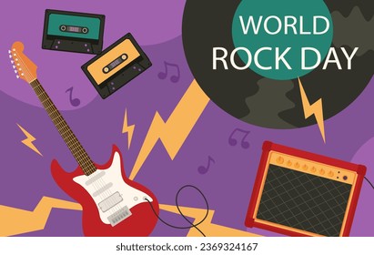 World rock day concept. International holiday and festival. Electric guitar near vinyl record and audio cassetes. Musical instruments for musicians. Cartoon flat vector illustration