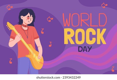 World Rock Day poster. Holiday and festival 13 July. Woman with electric guitar. Musician and guitarist with musical instrument. Cover or banner. Cartoon flat vector illustration