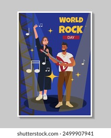 World rock day poster. Man with electric guitar and woman with microphone perform on stage. Musical group at festival. 13 April holiday. Flat vector illustration isolated on beige background