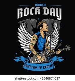 World Rock Day slogan with a man playing electric guitar, microphone, and speaker Vector Illustration for T-Shirt Apparel, sticker, poster, flyer, brochure, invitation, greeting card, banner
