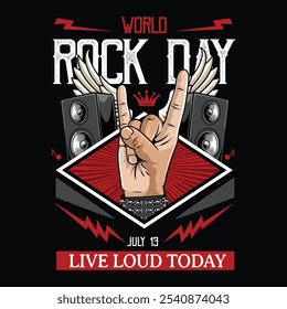 World Rock Day slogan with rock and roll finger sign, lightning bolt, and speaker in Vector Illustration for T-Shirt Apparel, stickers, posters, flyers, brochures, invitations, greeting cards, banner