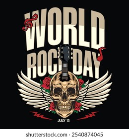 World Rock Day slogan with skull head electric guitar, wings, and red roses in Vector Illustration for T-Shirt Apparel, sticker, poster, flyer, brochure, invitation, greeting card, banner