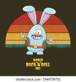 World rock n roll day poster with bunny badass and funny cartoon character isolated on vintage sun background.