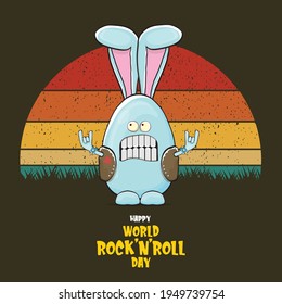 World rock n roll day poster with bunny badass and funny cartoon character isolated on vintage sun background.