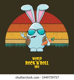 World rock n roll day poster with bunny badass and funny cartoon character isolated on vintage sun background.