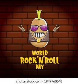 World rock n roll day poster with potato cartoon character isolated on brick wall background. Rock n roll day poster design template