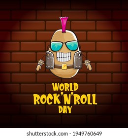 World rock n roll day poster with potato cartoon character isolated on brick wall background. Rock n roll day poster design template