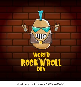 World rock n roll day poster with potato cartoon character isolated on brick wall background. Rock n roll day poster design template