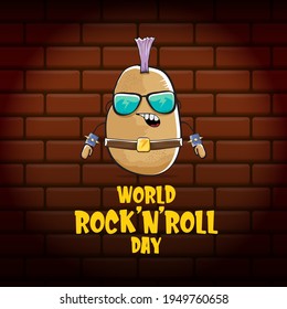 World rock n roll day poster with potato cartoon character isolated on brick wall background. Rock n roll day poster design template