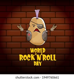 World rock n roll day poster with potato cartoon character isolated on brick wall background. Rock n roll day poster design template