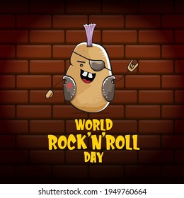 World rock n roll day poster with potato cartoon character isolated on brick wall background. Rock n roll day poster design template