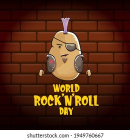 World rock n roll day poster with potato cartoon character isolated on brick wall background. Rock n roll day poster design template