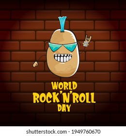 World rock n roll day poster with potato cartoon character isolated on brick wall background. Rock n roll day poster design template