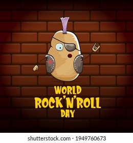 World rock n roll day poster with potato cartoon character isolated on brick wall background. Rock n roll day poster design template