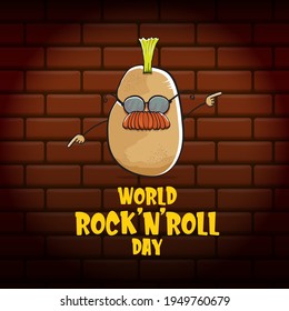 World rock n roll day poster with potato cartoon character isolated on brick wall background. Rock n roll day poster design template