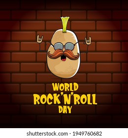 World rock n roll day poster with potato cartoon character isolated on brick wall background. Rock n roll day poster design template