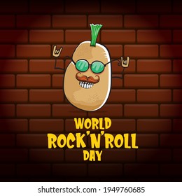 Afiche del Día Mundial del Rock con personaje de caricatura de papa aislado en el fondo de la pared de ladrillos. Plantilla de diseño de afiches para el día de la roca