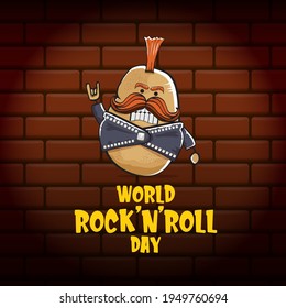 World rock n roll day poster with potato cartoon character isolated on brick wall background. Rock n roll day poster design template