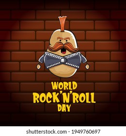 World rock n roll day poster with potato cartoon character isolated on brick wall background. Rock n roll day poster design template