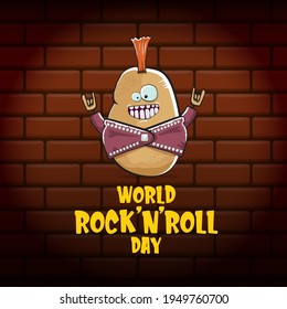 World rock n roll day poster with potato cartoon character isolated on brick wall background. Rock n roll day poster design template