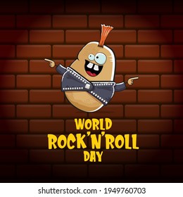 World rock n roll day poster with potato cartoon character isolated on brick wall background. Rock n roll day poster design template