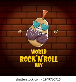 World rock n roll day poster with potato cartoon character isolated on brick wall background. Rock n roll day poster design template