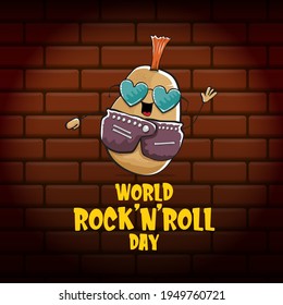 World rock n roll day poster with potato cartoon character isolated on brick wall background. Rock n roll day poster design template